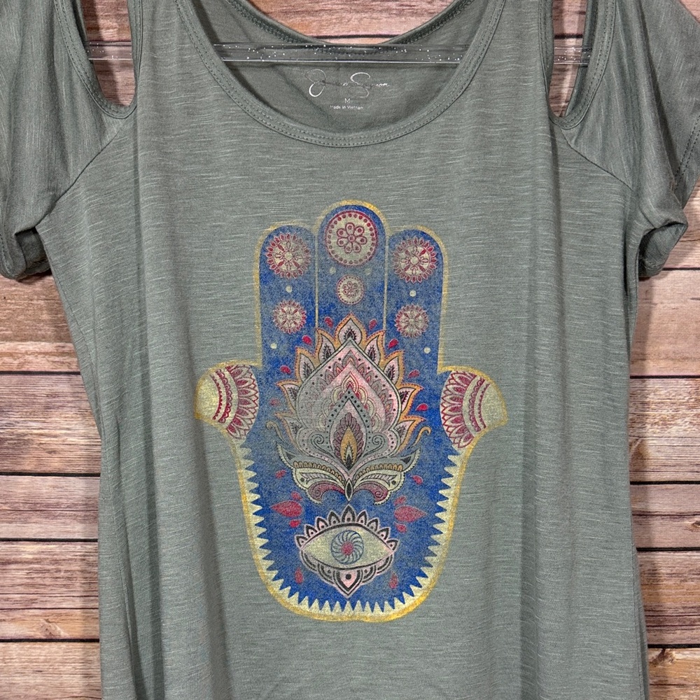 Olive Green Hamsa Hand Graphic Cold Shoulder Women Top